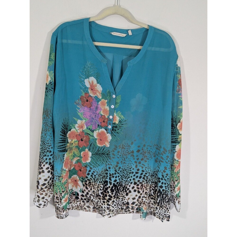 Soft Surroundings Womens Tropical Floral Sheer Tunic Plus Sz 3X Roll-tab Sleeve - Picture 3 of 9